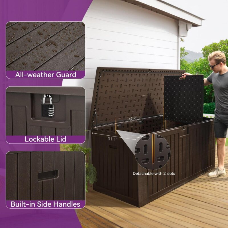 Dextrus XXL 230 Gallon Large Deck Box,Outdoor Storage for Patio Furniture Cushions,Garden Tools and Pool Toys with Flexible Divider,Waterproof,Lockable (Brown) - Image 5