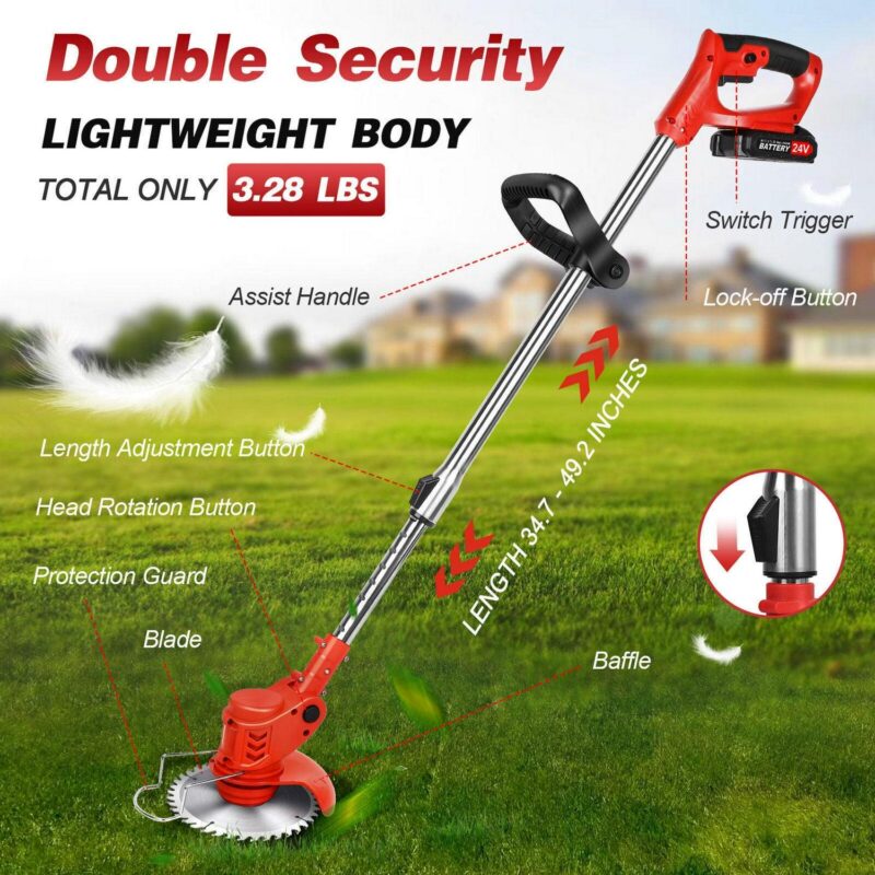 Electric Cordless Grass Trimmer, Cordless Weed Eaters Wacker, 24V 650W Battery Operated String Trimmer Mower, Weed Lawn Edger Eater, Electric Grass Cuting Machine with Wheels - Image 7