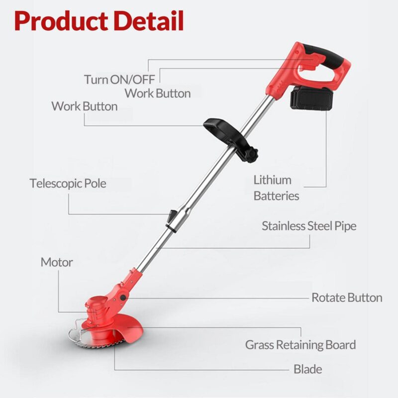 Electric Weed Lawn Edger Eater Cordless Grass Trimmer Cutter, Lawn Mower Weed, 24V Cordless Edger, Red(1 Battery and 1 Charger Included) - Image 7