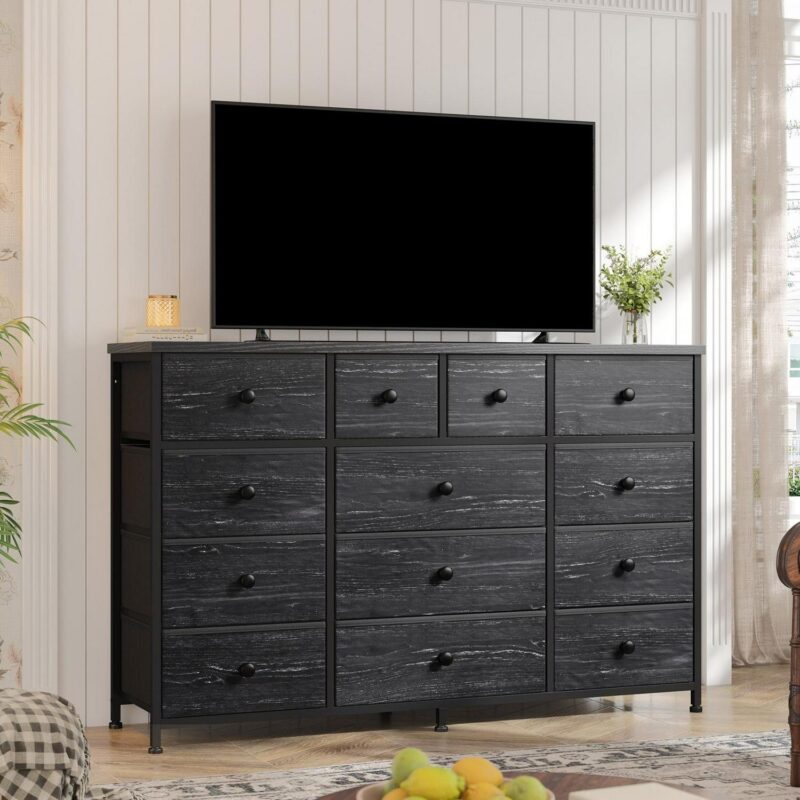 EnHomee Black Dresser TV Stand with 13 Drawers Fabric Dressers for Bedroom,Living Room