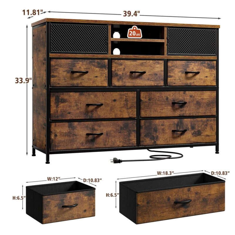 EnHomee Wide Dresser TV Stand for 50  TV Dresser for Bedroom with Power Outlet 7 Fabric Drawer Dresser with Metal Mesh Door and Wood Top Chest of Drawers for Living Room Closet Entryway, Rustic Brown - Image 3