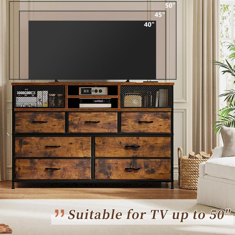 EnHomee Wide Dresser TV Stand for 50  TV Dresser for Bedroom with Power Outlet 7 Fabric Drawer Dresser with Metal Mesh Door and Wood Top Chest of Drawers for Living Room Closet Entryway, Rustic Brown - Image 5
