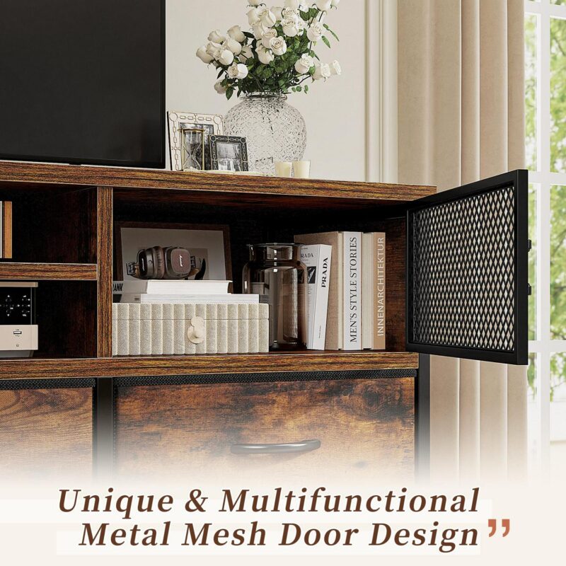 EnHomee Wide Dresser TV Stand for 50  TV Dresser for Bedroom with Power Outlet 7 Fabric Drawer Dresser with Metal Mesh Door and Wood Top Chest of Drawers for Living Room Closet Entryway, Rustic Brown - Image 6