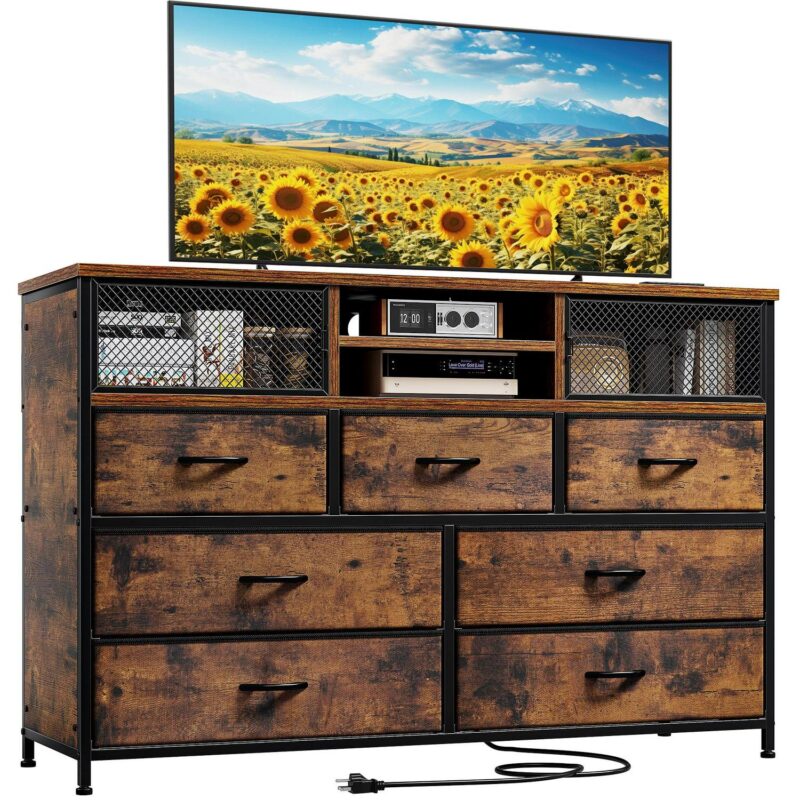EnHomee Wide Dresser TV Stand for 50  TV Dresser for Bedroom with Power Outlet 7 Fabric Drawer Dresser with Metal Mesh Door and Wood Top Chest of Drawers for Living Room Closet Entryway, Rustic Brown - Image 8