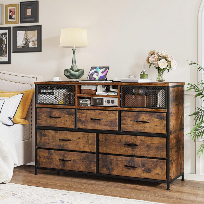 EnHomee Wide Dresser TV Stand for 50  TV Dresser for Bedroom with Power Outlet 7 Fabric Drawer Dresser with Metal Mesh Door and Wood Top Chest of Drawers for Living Room Closet Entryway, Rustic Brown