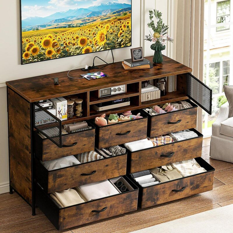 EnHomee Wide Dresser TV Stand for 50  TV Dresser for Bedroom with Power Outlet 7 Fabric Drawer Dresser with Metal Mesh Door and Wood Top Chest of Drawers for Living Room Closet Entryway, Rustic Brown - Image 2