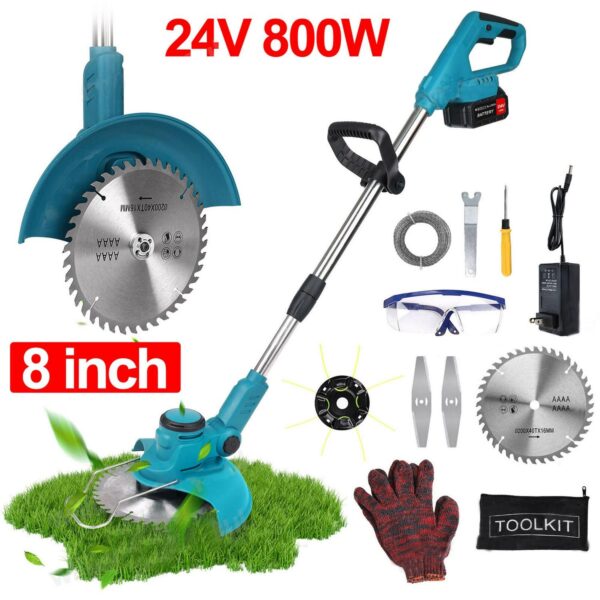 FOCUSSEXY Weed Battery Powered Electric Brush Cutter, 24V Battery Weed Eater Cordless Grass Trimmer, Lightweight 3 in 1 Small Push Lawn Mower Stringless Trimmer Edger Lawn Tool, 1 Batteries