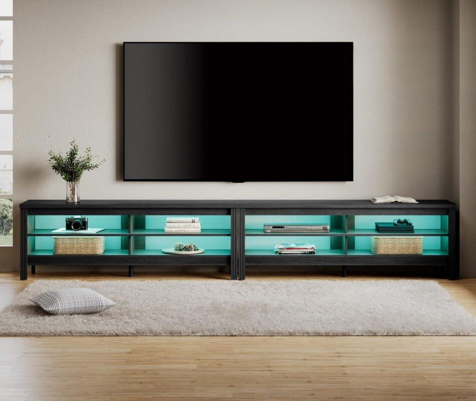 Farmhouse TV Stand for 100 inch TV Entertainment Center Wood TV Media Console Table with RGB LED Light for 80/85/90 inch TV with 8 Storages for Living Room Bedroom, Black