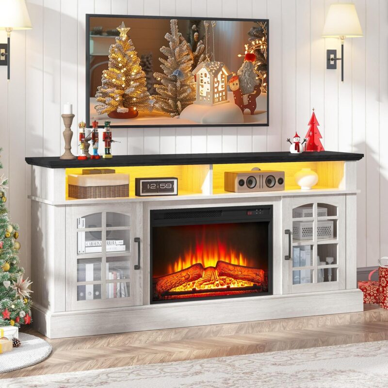 Fireplace TV Stand, TV Stand for 65 Inch TVs with Electric Fireplace, Entertainment Center Television Table for Living Room, with Remote Control Fireplace, Black
