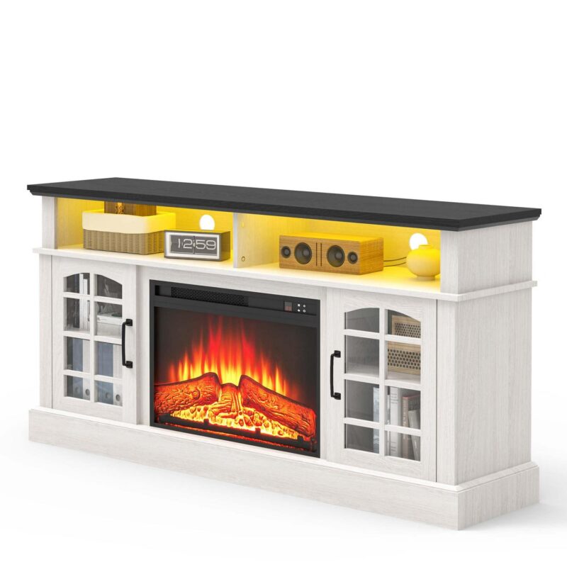 Fireplace TV Stand, TV Stand for 65 Inch TVs with Electric Fireplace, Entertainment Center Television Table for Living Room, with Remote Control Fireplace, Black - Image 10