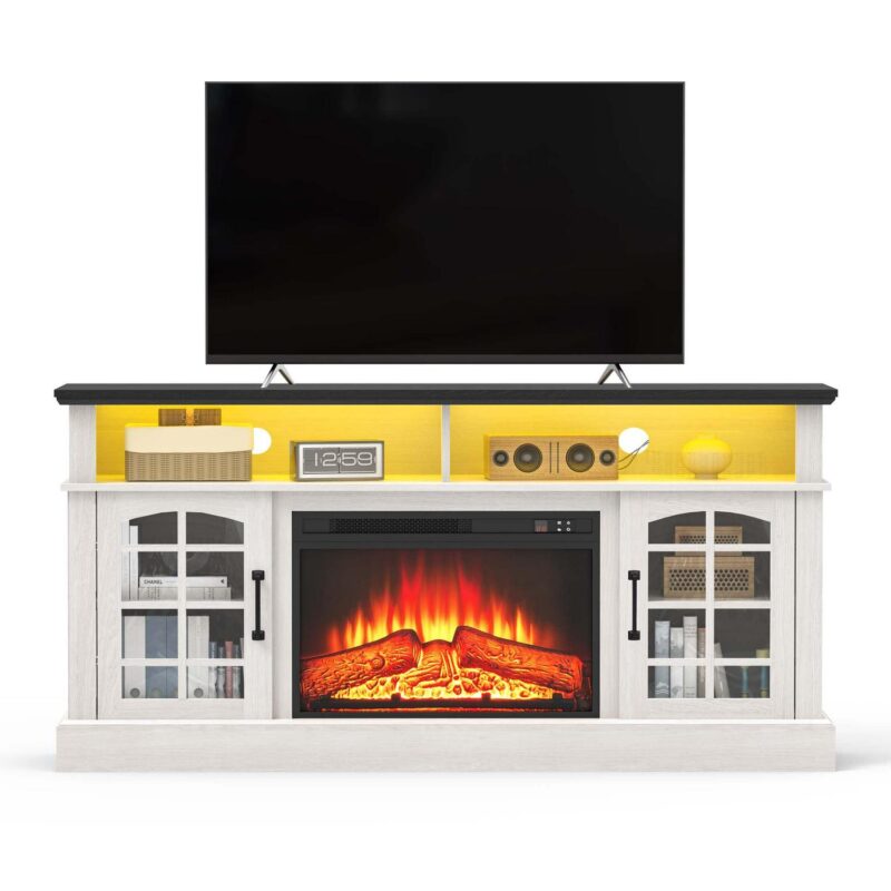 Fireplace TV Stand, TV Stand for 65 Inch TVs with Electric Fireplace, Entertainment Center Television Table for Living Room, with Remote Control Fireplace, Black - Image 12