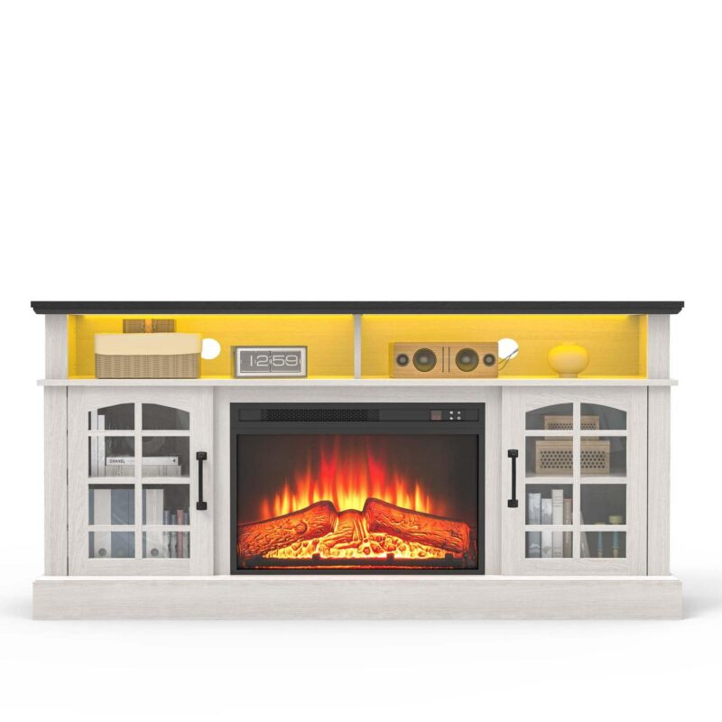 Fireplace TV Stand, TV Stand for 65 Inch TVs with Electric Fireplace, Entertainment Center Television Table for Living Room, with Remote Control Fireplace, Black - Image 11