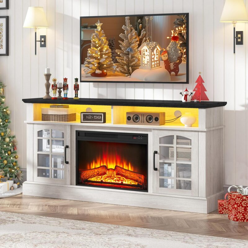 Fireplace TV Stand, TV Stand for 65 Inch TVs with Electric Fireplace, Entertainment Center Television Table for Living Room, with Remote Control Fireplace, Black - Image 9