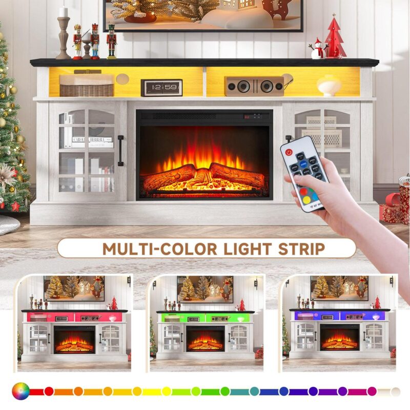 Fireplace TV Stand, TV Stand for 65 Inch TVs with Electric Fireplace, Entertainment Center Television Table for Living Room, with Remote Control Fireplace, Black - Image 5
