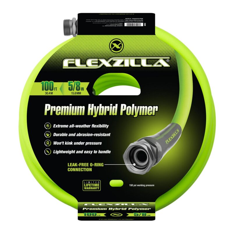 FlexzillaA Garden Hose, 5/8  x 100', 3/4  - 11 1/2 GHT Fittings, Flexible Hybrid Polymer, ZillaGreenA