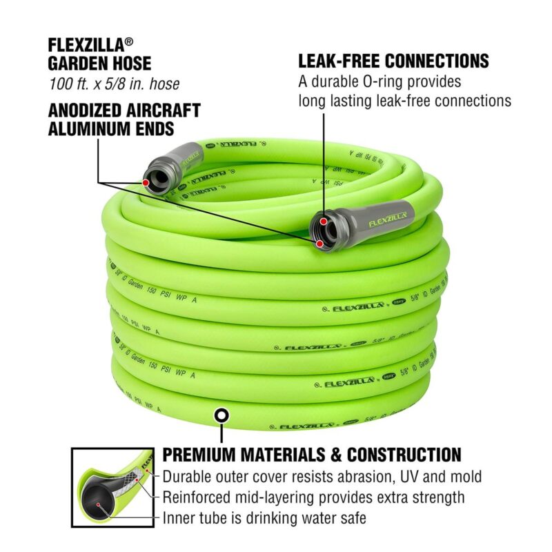 FlexzillaA Garden Hose, 5/8  x 100', 3/4  - 11 1/2 GHT Fittings, Flexible Hybrid Polymer, ZillaGreenA - Image 3