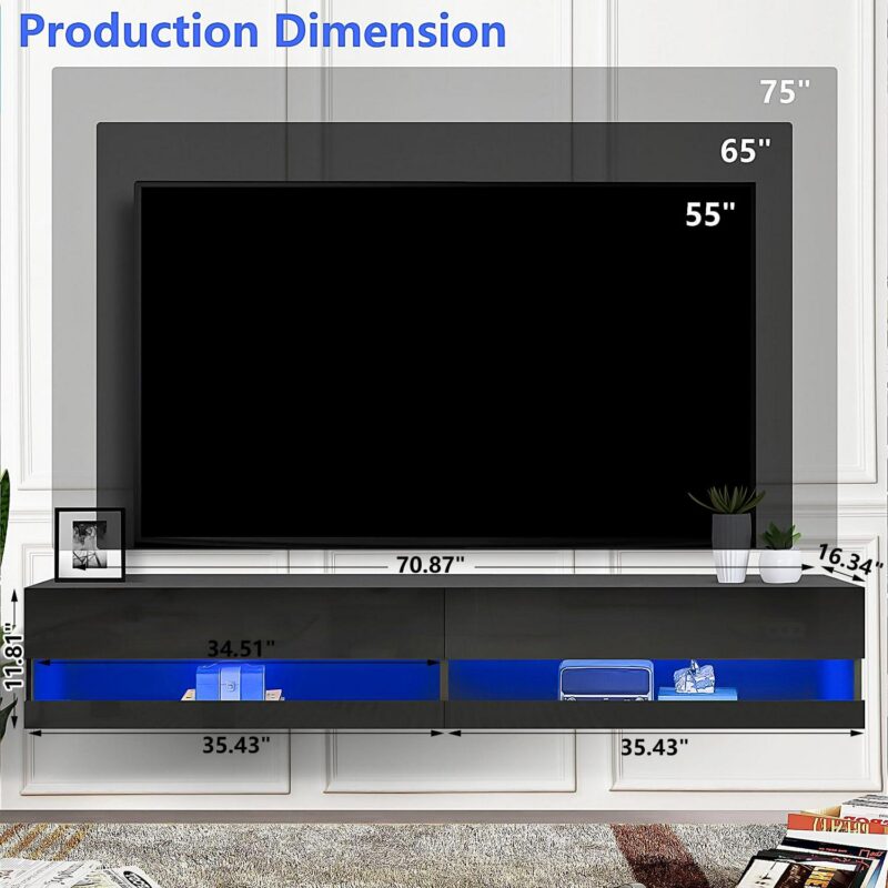 Floating TV Stand for 75 inch TVs, 71in Long Wall-mounted Entertainment Center for Living Room, Modern Black TV Stands with High Gloss Finish and LED Lights, TV Cabinet Media Consloe, Black - Image 7