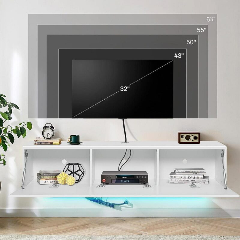 Floating TV Stand with LED Lights 55  Wall Mounted Modern White Entertainment Center High Gloss TV Cabinet Media Console with Storage and Doors for up to 63 inch TVs - Image 5