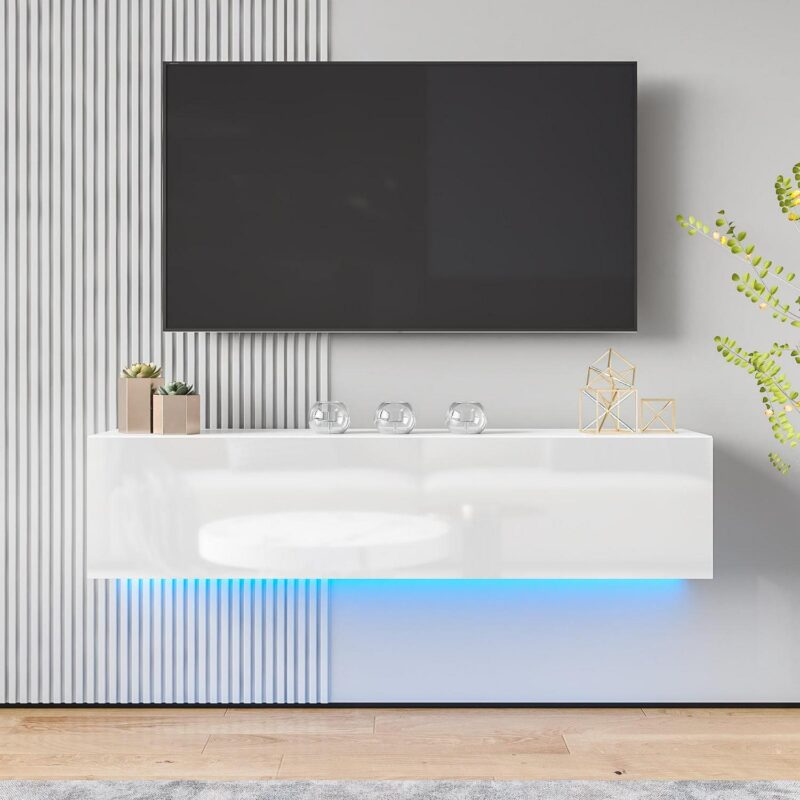 Floating TV Stand with LED Lights 55  Wall Mounted Modern White Entertainment Center High Gloss TV Cabinet Media Console with Storage and Doors for up to 63 inch TVs