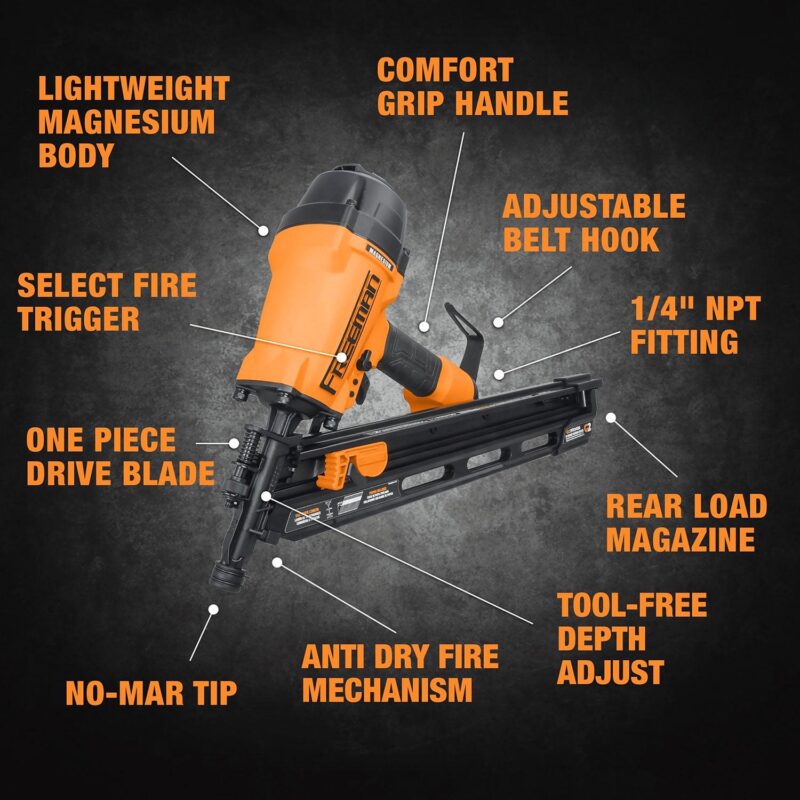 Freeman G2FR3490 2nd Generation Pneumatic 34 Degree 3-1/2  Framing Nailer with Adjustable Metal Belt Hook and 1/4  NPT Air Connector - Image 6
