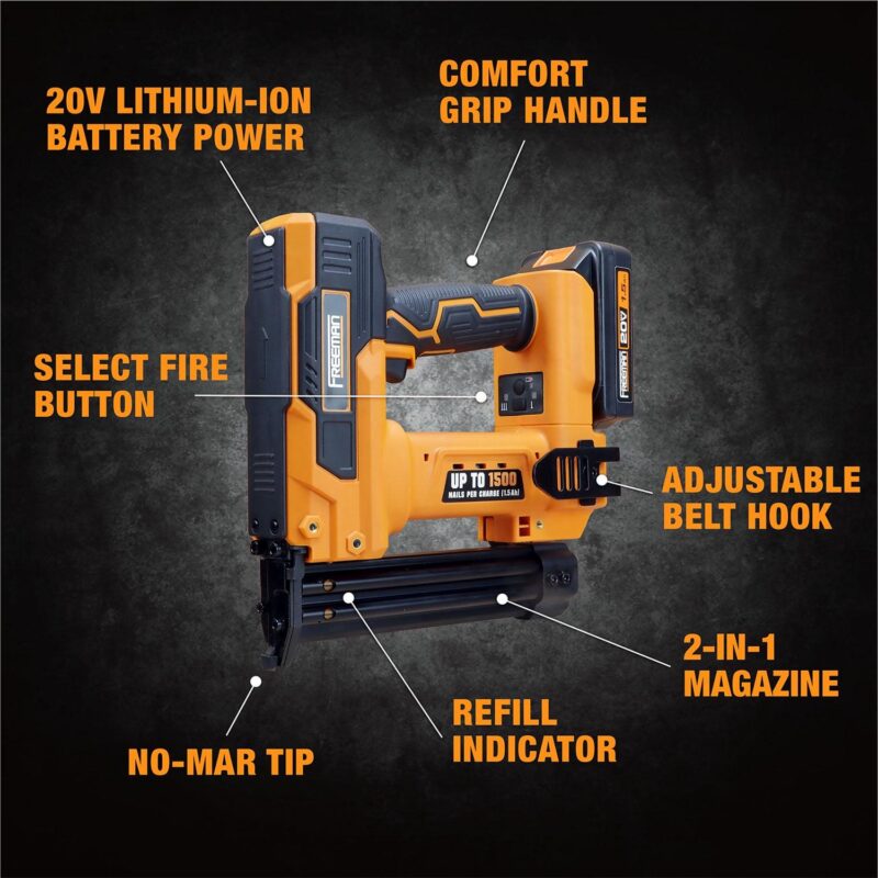 Freeman PE20VBR9032 20 Volt Cordless 2-in-1 18-Gauge 1-1/4  Nailer / Stapler Kit with Lithium Ion Battery, Charger, and Fasteners (400 Count) a 1500 Shots per Charge - Image 6