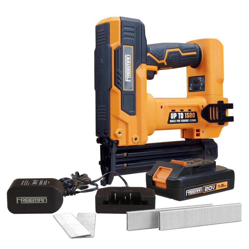 Freeman PE20VBR9032 20 Volt Cordless 2-in-1 18-Gauge 1-1/4  Nailer / Stapler Kit with Lithium Ion Battery, Charger, and Fasteners (400 Count) a 1500 Shots per Charge