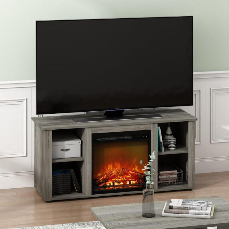 Furinno Jensen 55 Inch TV Stand with Fireplace, French Oak Grey - Image 5