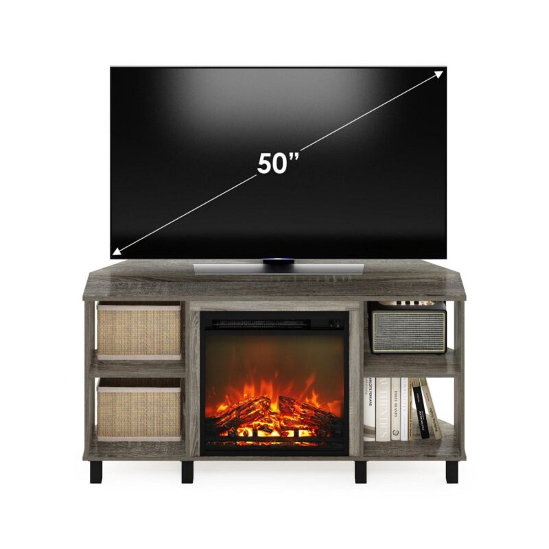 Furinno Jensen Corner Fireplce TV Stand with Metal Leg for TV up to 55 in, French Oak Grey - Image 3