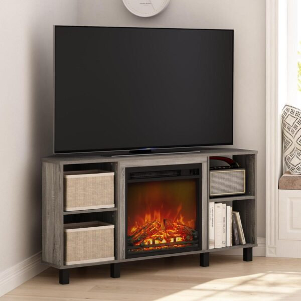 Furinno Jensen Corner Fireplce TV Stand with Metal Leg for TV up to 55 in, French Oak Grey