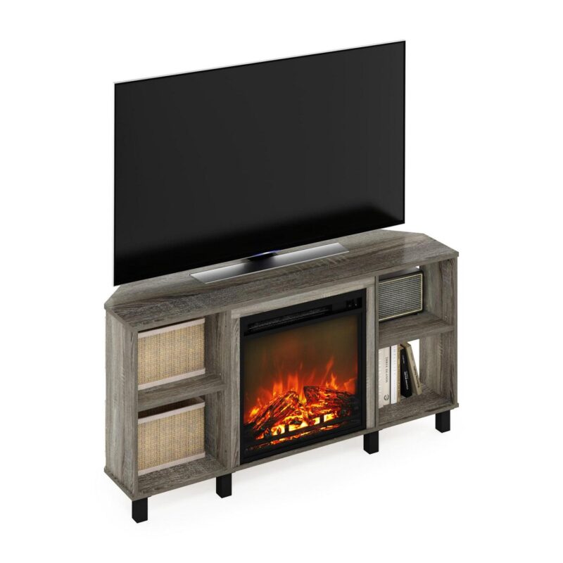 Furinno Jensen Corner Fireplce TV Stand with Metal Leg for TV up to 55 in, French Oak Grey - Image 5