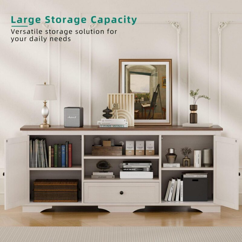 GIKPAL Farmhouse TV Stand for 65 inch TV, Entertainment Center for TVs with Storage Cabinets, Barn Door and Adjustable Shelves for Living Room, Antique White - Image 4