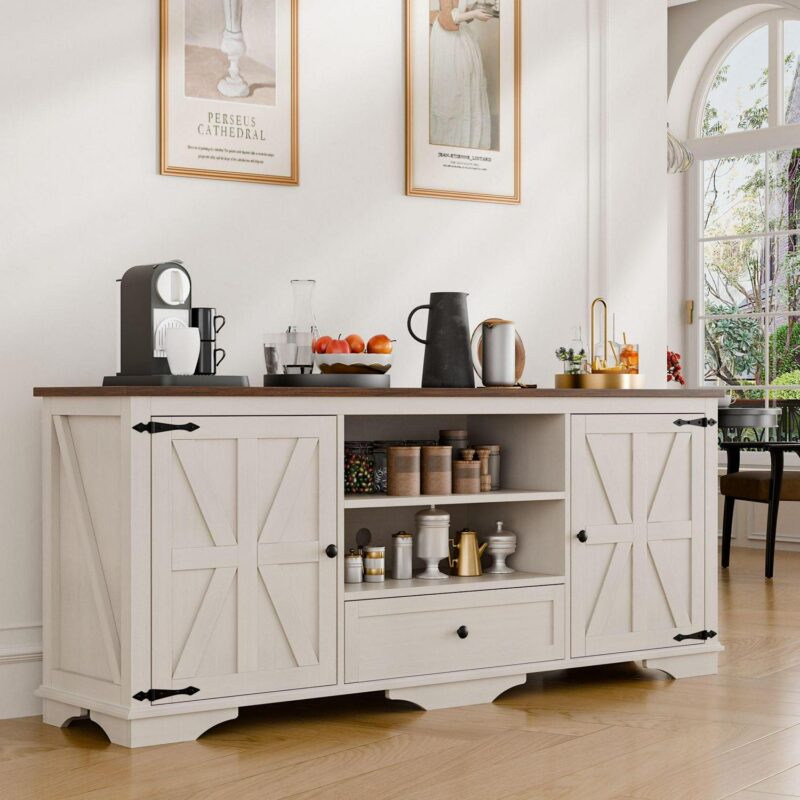 GIKPAL Farmhouse TV Stand for 65 inch TV, Entertainment Center for TVs with Storage Cabinets, Barn Door and Adjustable Shelves for Living Room, Antique White - Image 7