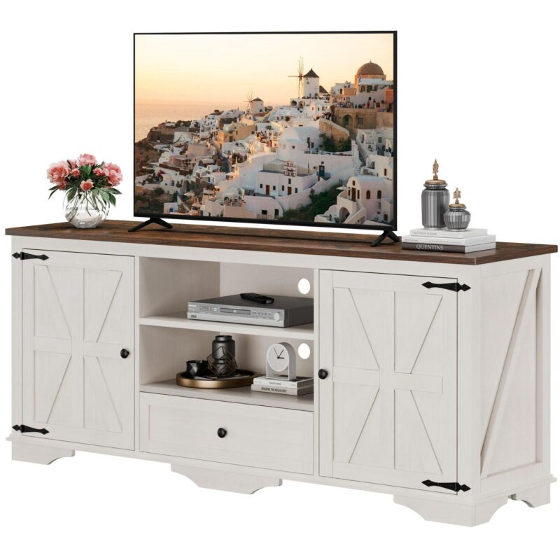 GIKPAL Farmhouse TV Stand for 65 inch TV, Entertainment Center for TVs with Storage Cabinets, Barn Door and Adjustable Shelves for Living Room, Antique White - Image 10