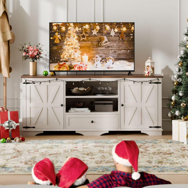 GIKPAL Farmhouse TV Stand for 65 inch TV, Entertainment Center for TVs with Storage Cabinets, Barn Door and Adjustable Shelves for Living Room, Antique White - Image 6