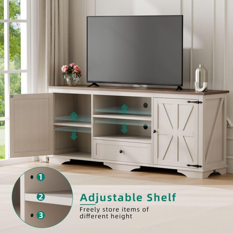 GIKPAL Farmhouse TV Stand for 65 inch TV, Entertainment Center for TVs with Storage Cabinets, Barn Door and Adjustable Shelves for Living Room, Antique White - Image 3