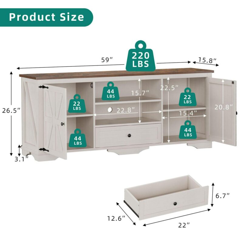GIKPAL Farmhouse TV Stand for 65 inch TV, Entertainment Center for TVs with Storage Cabinets, Barn Door and Adjustable Shelves for Living Room, Antique White - Image 11