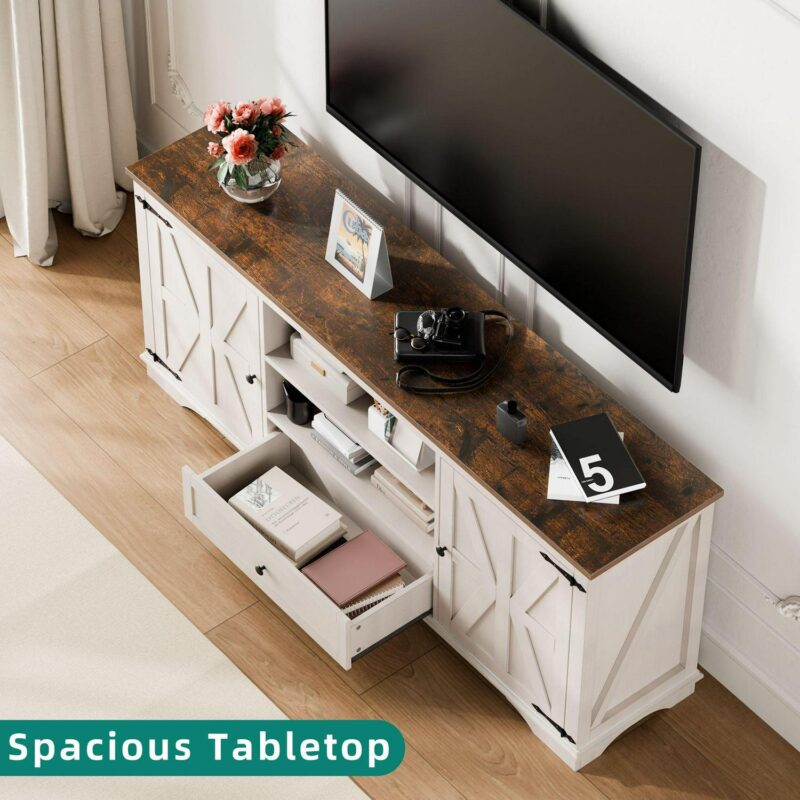 GIKPAL Farmhouse TV Stand for 65 inch TV, Entertainment Center for TVs with Storage Cabinets, Barn Door and Adjustable Shelves for Living Room, Antique White - Image 5