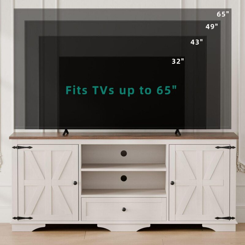 GIKPAL Farmhouse TV Stand for 65 inch TV, Entertainment Center for TVs with Storage Cabinets, Barn Door and Adjustable Shelves for Living Room, Antique White - Image 2