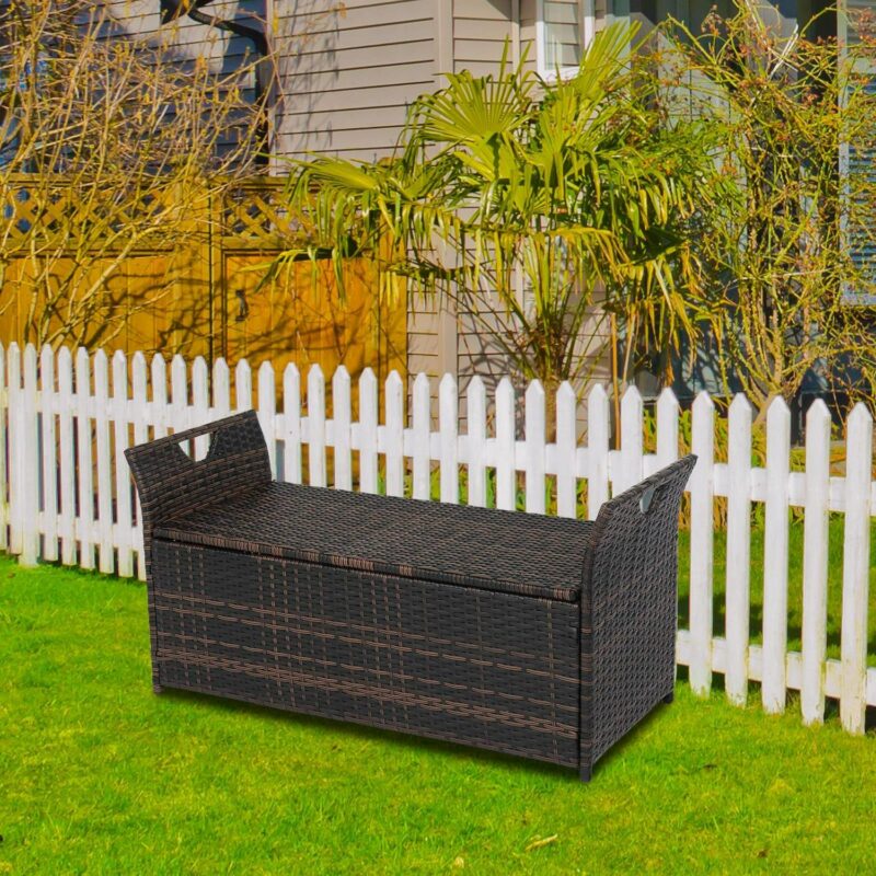 GoDecor 33 Gal Outdoor Storage Bench Deck Box Wicker, Rattab Container for Indoor and Outdoor w/ Cushion, Beige - Image 7