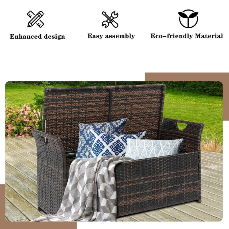 GoDecor 33 Gal Outdoor Storage Bench Deck Box Wicker, Rattab Container for Indoor and Outdoor w/ Cushion, Beige - Image 3