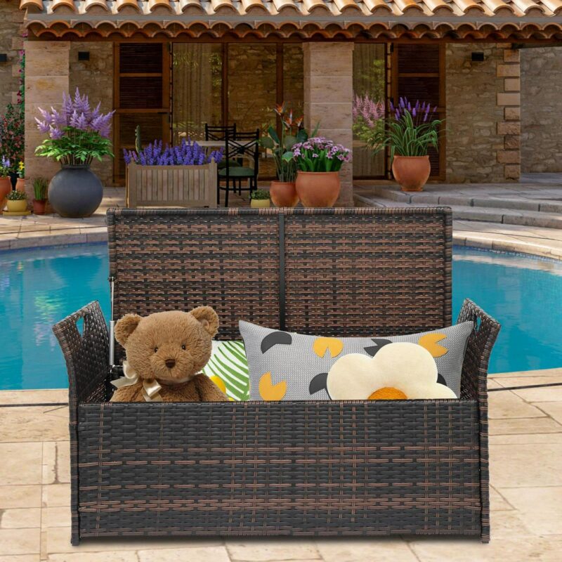 GoDecor 33 Gal Outdoor Storage Bench Deck Box Wicker, Rattab Container for Indoor and Outdoor w/ Cushion, Beige - Image 12