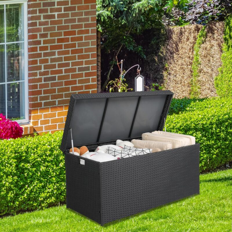 GoDecor Premium 132-Gallon Black Waterproof Wicker Storage Box - Stylish Outdoor Organizer, Large Rattan Deck Box, Black - Image 2