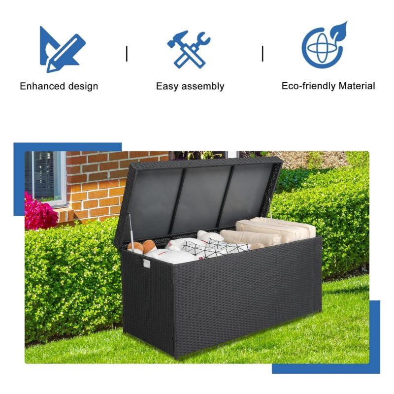 GoDecor Premium 132-Gallon Black Waterproof Wicker Storage Box - Stylish Outdoor Organizer, Large Rattan Deck Box, Black - Image 6