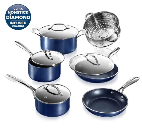 Granitestone Diamond Nonstick Pots and Pans 10 Piece Kitchen Cookware Set Cooking Frying Skillet Sauce Pan Stock Pot Blue