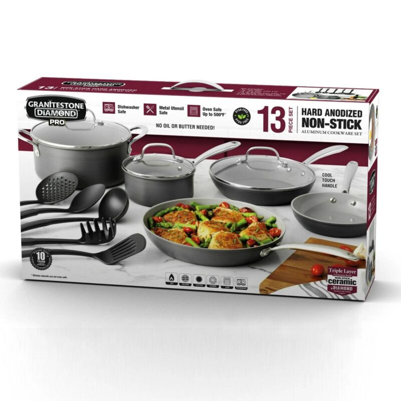 Granitestone Diamond Pro Nonstick Pots and Pans 13 Piece Kitchen Cookware Set Skillet Saucepan Gray - Image 9