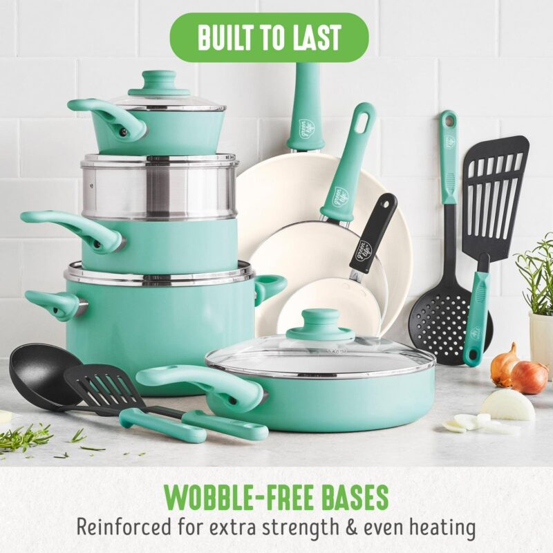 GreenLife 18-Piece Soft Grip Toxin-Free Healthy Ceramic Non-Stick Cookware Set, Turquoise, Dishwasher Safe - Image 6