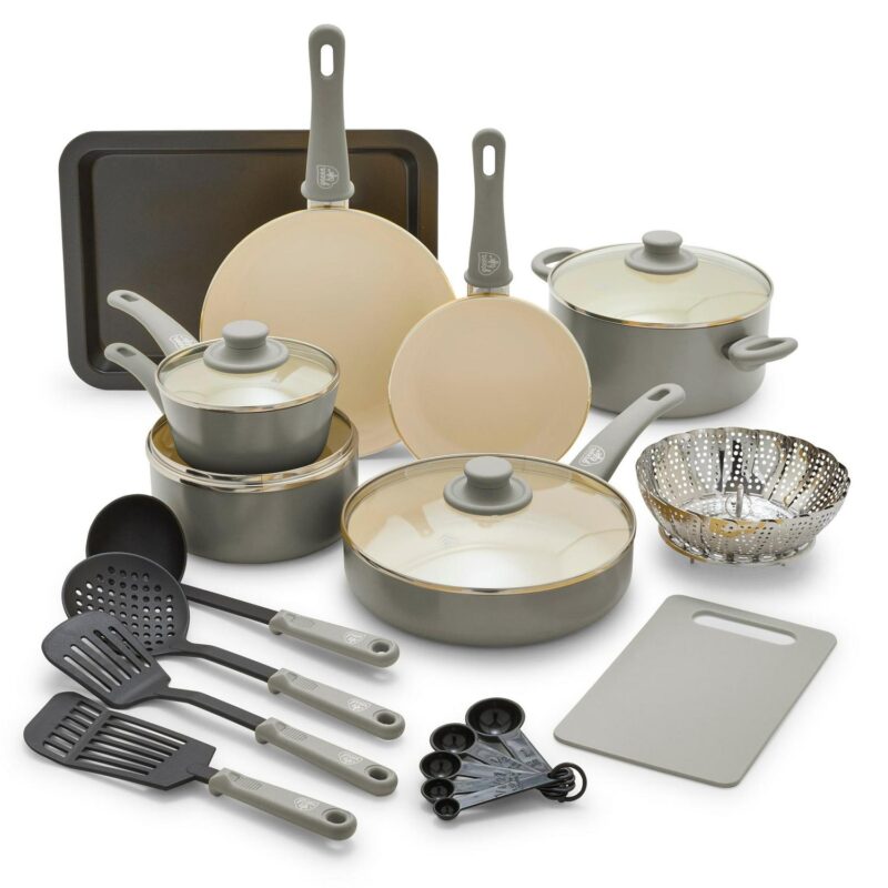 GreenLife 18-Piece Soft Grip Toxin-Free Healthy Ceramic Non-Stick Cookware Set, Gray, Dishwasher Safe