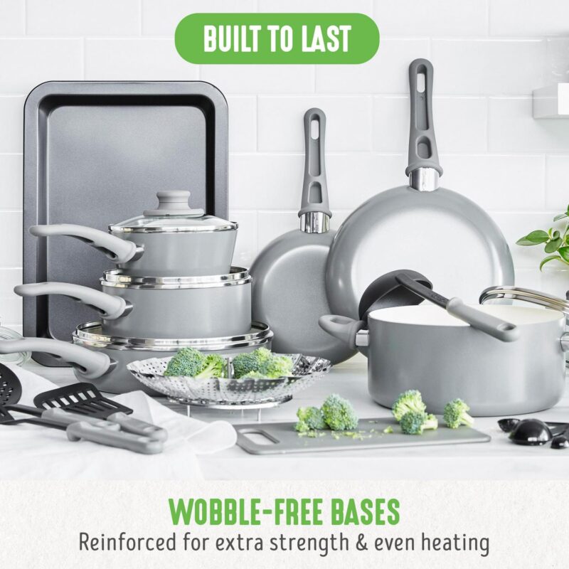 GreenLife 18-Piece Soft Grip Toxin-Free Healthy Ceramic Non-Stick Cookware Set, Gray, Dishwasher Safe - Image 6