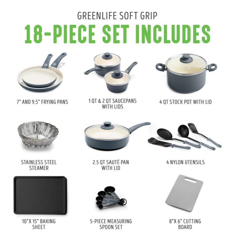 GreenLife 18-Piece Soft Grip Toxin-Free Healthy Ceramic Non-Stick Cookware Set, Gray, Dishwasher Safe - Image 5