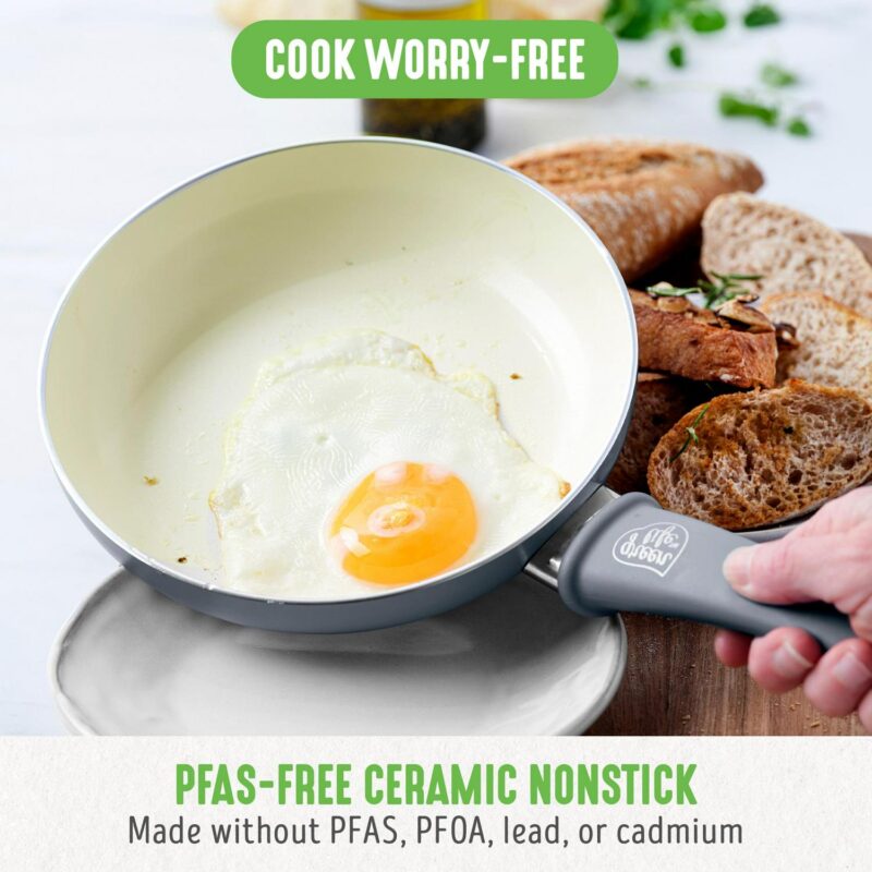 GreenLife 18-Piece Soft Grip Toxin-Free Healthy Ceramic Non-Stick Cookware Set, Gray, Dishwasher Safe - Image 2